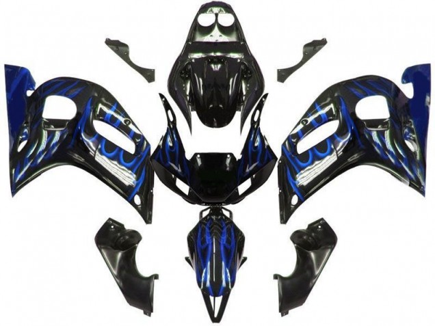 1998-2002 Yamaha YZF 600 R6 Motorcycle Fairings - Glossy Black Blue Flame Canada Suppliers
