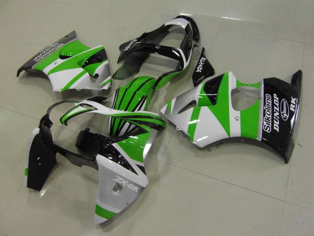 2000-2002 Kawasaki ZX6R Motorcycle Fairings - White Green Glossy Black Stripe Silkolene Dunlop Canada Suppliers