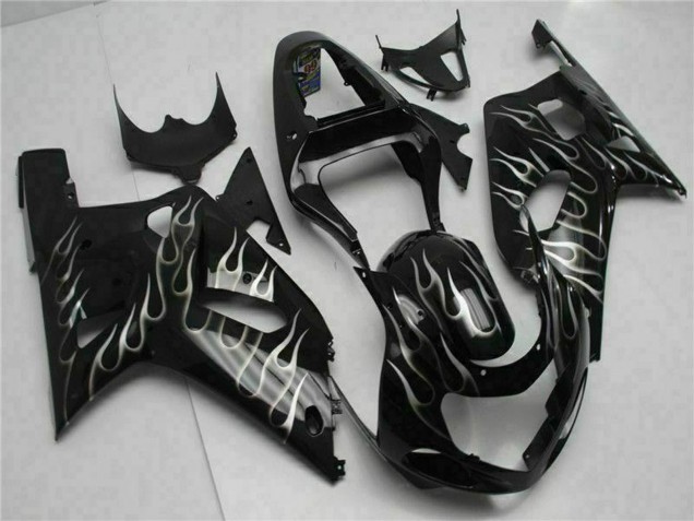 2001-2003 Suzuki GSXR 600/750 Motorcycle Fairings - Glossy Black Silver Flame Canada Suppliers