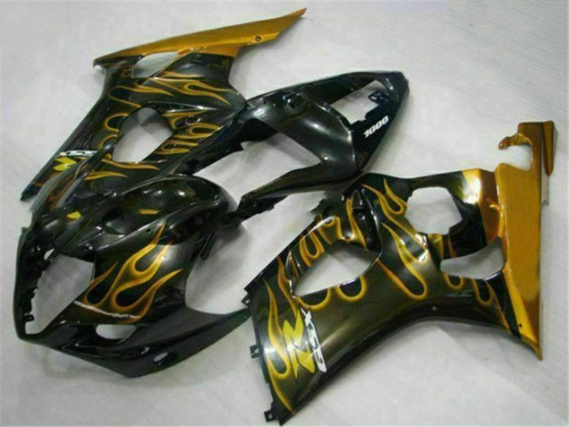 2003-2004 Suzuki GSXR 1000 Motorcycle Fairings - Glossy Black Gold Flame Canada Suppliers