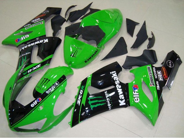 2005-2006 Kawasaki ZX6R Motorcycle Fairings - Green Glossy Black Elf Monster Canada Suppliers