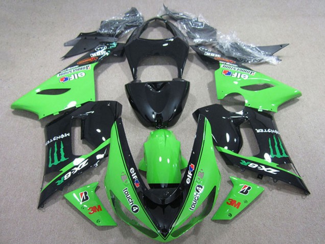 2005-2006 Kawasaki ZX6R Motorcycle Fairings - Glossy Black Green Elf Touch4 Bridgestone Monster Canada Suppliers