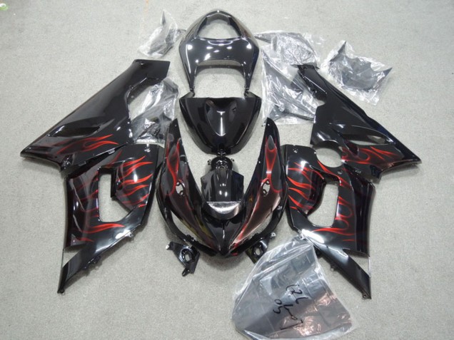 2005-2006 Kawasaki ZX6R Motorcycle Fairings - Glossy Black Red Flame Canada Suppliers