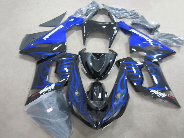 2005-2006 Kawasaki ZX6R Motorcycle Fairings - Glossy Black Blue Flame Canada Suppliers