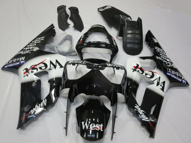 2003-2004 Kawasaki ZX6R Motorcycle Fairings - Glossy Black White West Canada Suppliers