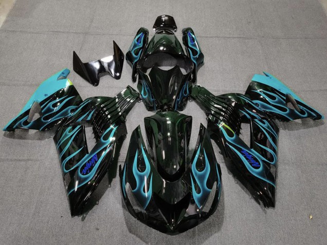 2006-2011 Kawasaki ZX14R Motorcycle Fairings - Glossy Black Light Blue Flame Canada Suppliers