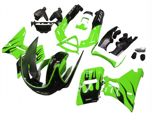 1998-2003 Kawasaki ZZR600 Motorcycle Fairings - Green Glossy Black Flame Canada Suppliers