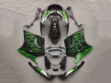 1993-2003 Kawasaki ZZR1100 Motorcycle Fairings - Glossy Black Green Flame Canada Suppliers