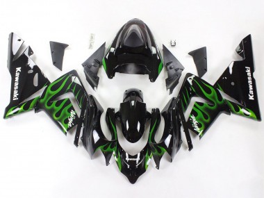 2004-2005 Kawasaki ZX10R Motorcycle Fairings - Black with Green Flame Ninja Canada Suppliers