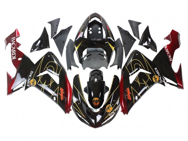 2006-2007 Kawasaki ZX10R Motorcycle Fairings - Black Red Gold BACARDI Canada Suppliers