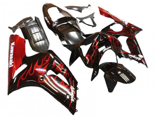 2003-2004 Kawasaki ZX6R Motorcycle Fairings - Glossy Black Red Flame Canada Suppliers