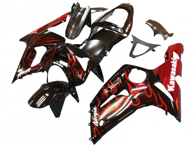 2003-2004 Kawasaki ZX6R Motorcycle Fairings - Glossy Black Red Flame Canada Suppliers