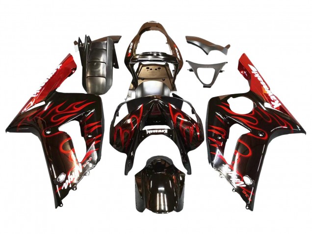 2003-2004 Kawasaki ZX6R Motorcycle Fairings - Glossy Black Red Flame Canada Suppliers