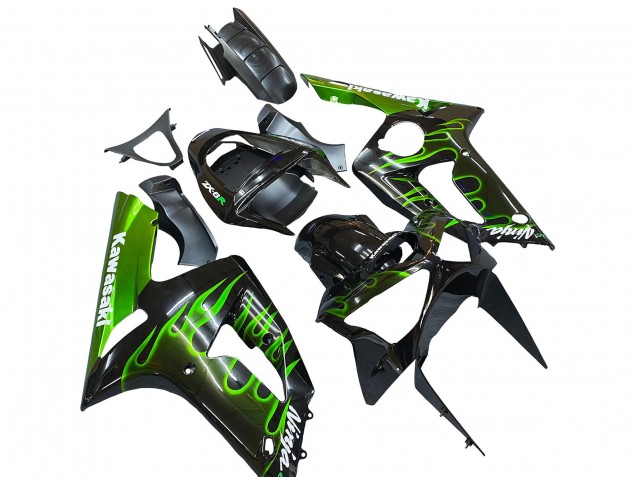 2003-2004 Kawasaki ZX6R Motorcycle Fairings - Glossy Black Green Flame Canada Suppliers