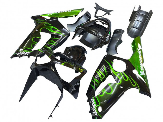 2003-2004 Kawasaki ZX6R Motorcycle Fairings - Glossy Black Green Flame Canada Suppliers