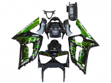 2003-2004 Kawasaki ZX6R Motorcycle Fairings - Glossy Black Green Flame Canada Suppliers