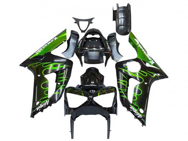 2003-2004 Kawasaki ZX6R Motorcycle Fairings - Glossy Black Green Flame Canada Suppliers