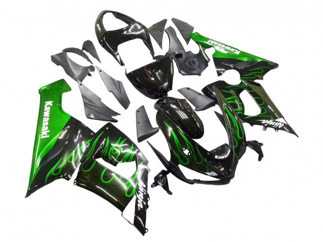 2005-2006 Kawasaki ZX6R Motorcycle Fairing - Glossy Black Green Flame Canada Suppliers