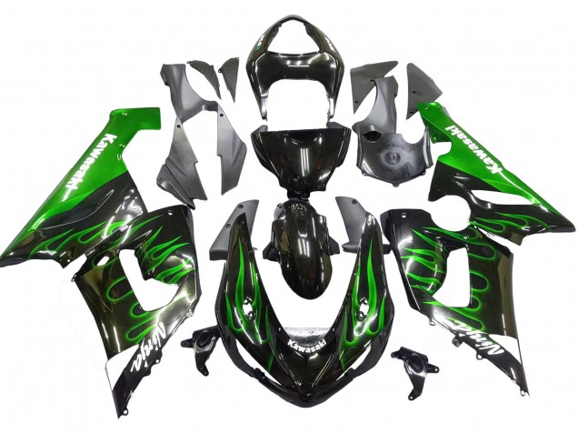2005-2006 Kawasaki ZX6R Motorcycle Fairing - Glossy Black Green Flame Canada Suppliers