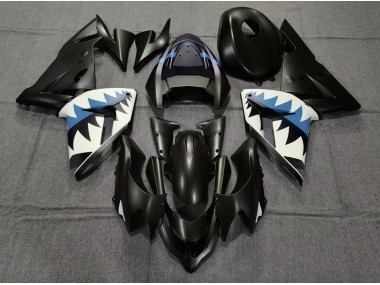 2004-2005 Matte Black and Light Blue Shark ZX10R Motorcycle Fairings