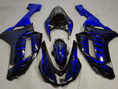 2007-2008 Gloss Black & Blue Flame ZX6R Motorcycle Fairings